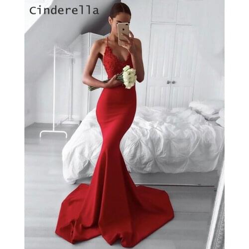 Cinderella Red V-Neck Spaghetti Sleevless Court Train Satin Lace Applique Prom Dresses Lace Mermaid Party Gown For Prom
