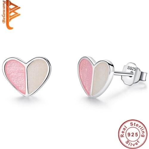 BELAWANG 925 Sterling Silver Love Heart Shape Kids Girl Stud Earrings Silver Earrings Pink Party Fashion Jewelry