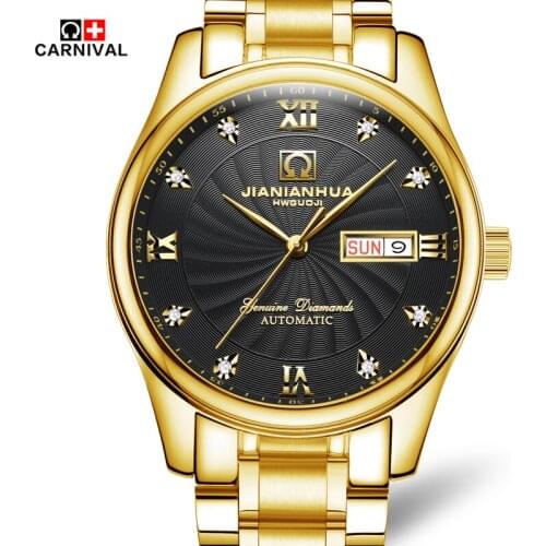CARNIVAL Sapphire Mirror Mechanical Watch Men Full Steel Date and Week 30M Waterproof Wristwatch Gent Gold Business Male Clock