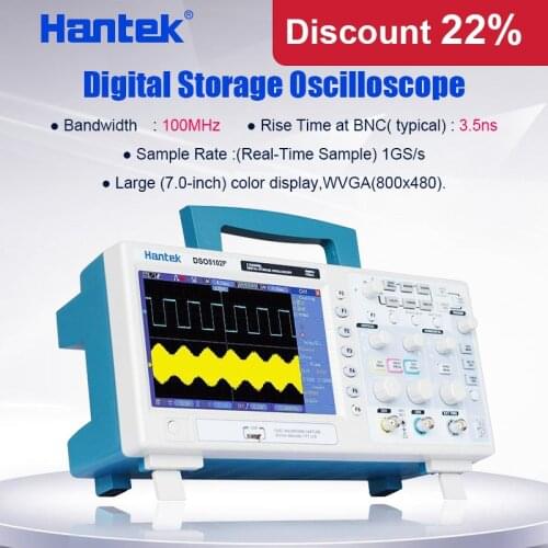 Hantek DSO5102P Digital Oscilloscope 100MHz 2Channels 1GSa/s Real Time sample rate USB host and device connectivity 7 Inch