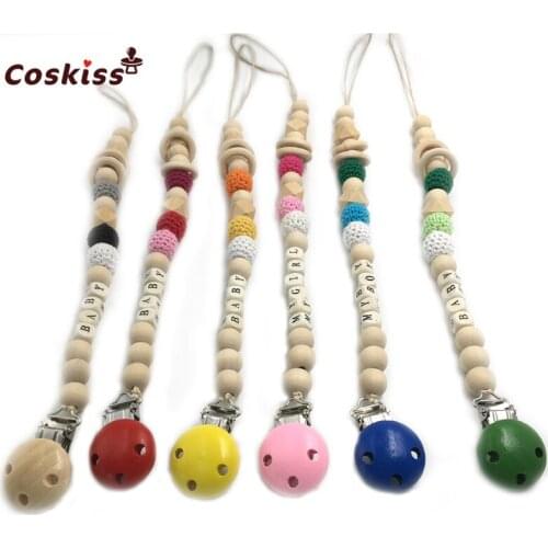 Baby Pacifier Clips Wooden Letter Beads Baby Teether Clip Safe Natural Eco-friendly Wooden Teether Crochet Bead DIY Baby Teether