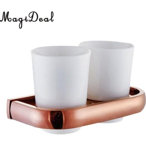 Bathroom Double Tumbler Toothbrush Holder Ceramic Cups Wall Mount Rose Gold