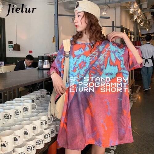 Jielur New Preppy Style Womens T-shirt Graffiti Letter Print Summer Tees Shirt Short Sleeve T-shirts Female Top Street Clothing