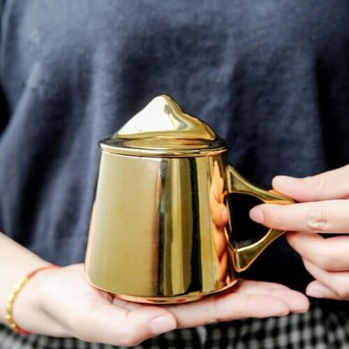 Creative Gold Plated Mountain Cups Ceramics Tea Cup Handmade Mugs with Lid Home Breakfast Afternoon Milk Mug Perfect Gifts
