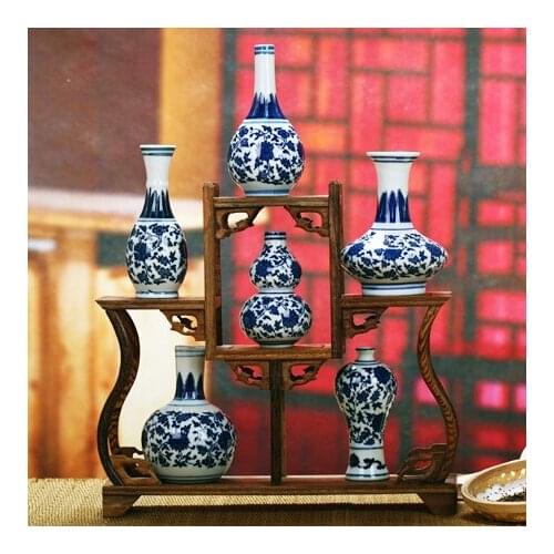 Mini blue and white porcelain small vase with qing qianlong mark six vases one wooden shelf price
