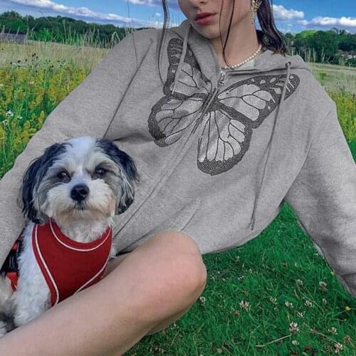 Fashion Oversized Butterfly Graphic Rhinestone Zipper Hoodie Streetwear Gray Long Coat Autumn