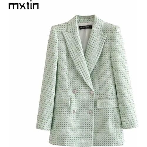 MXTIN 2021 Women Spring Fashion Tweed Double Breasted Blazers Coat Vintage Lapel Collar Long Sleeve Office Ladies Casual Coat
