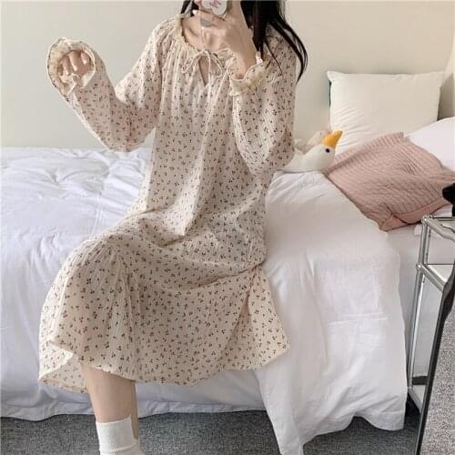 Cute Cotton Nightgown Bow Cherry Print Sleepwear Long Sleeve Sweet Lace Ruffle Homewear Nightwear Casual Loose Soft Home Clothes