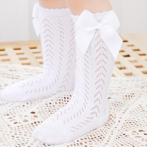 Baby Girls Socks Knee High With Bow Sweet Cute Tube Sock Solid Mesh Anti-slip Long Tube Kids Socks Infant Toddler Leg Warmer