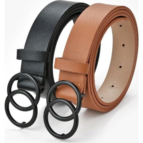 2020 New Black Double Ring Women Belt Fashion Waist Belt Leather Metal Buckle Pin Belts For Ladies Leisure Dress Jeans Waistband