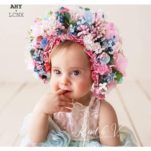 Newborn Baby Photography Props Handmade Colorful Bonnet Hat Hair Band LazyChild New Romantic Wreath Cute Flowers Florals Hats