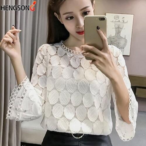 Hollow Out Lace Blouses Shirts New Autumn Summer Korean Women Clothing Flare Sleeves O-Neck Slim Female Apricot White Tops