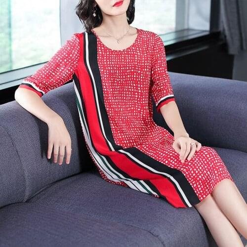 Bestseller 2018 Summer Dress Women Fashion Vingate Print Real Silk Dress Elegant O-Neck Half Sleeve Dresses Plus Size M-3XL