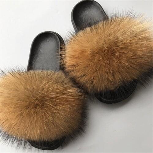 Wholesale Womens Winter Plush Home Shoes Outside Striped Fluffy Real Fox Hair Slippers Woman fur Slides Female Furyy flip flops