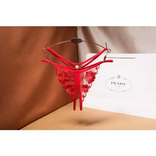 Beaded Sexy Thong Embroidered Hollow Transparent Mesh Slit Thong Temptation Low Waist Ladies Panties Hot G-String Underwear