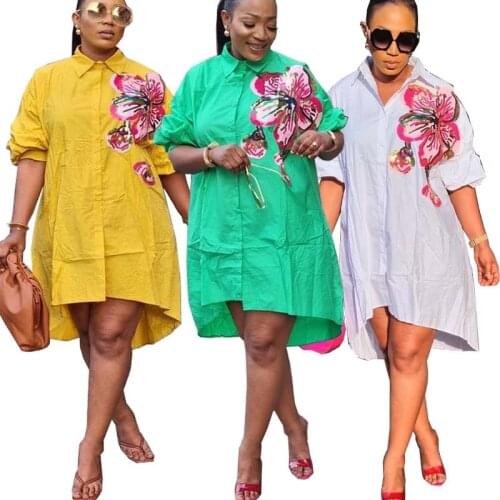 Loose Waist Sequins African Clothes For Women Flowers Embroidered Elegant White Dress Lady Office Mid-length Green Cotton Dress