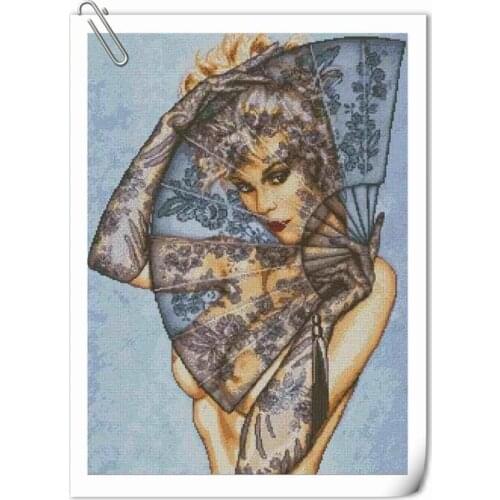 Lady With a Fan cross stitch package beauty people 18ct 14ct 11ct cloth cotton thread embroidery DIY handmade needlework