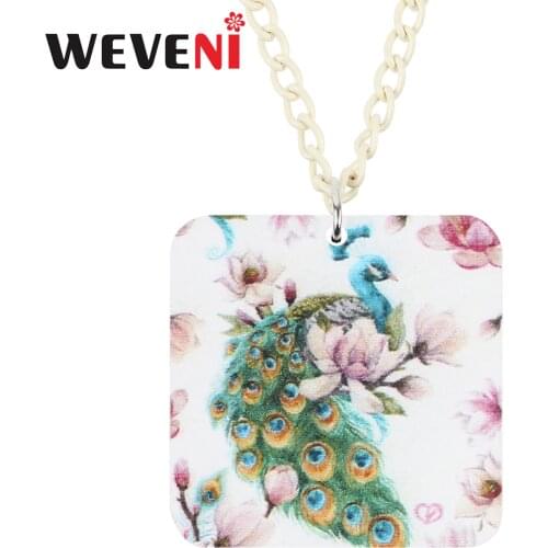 WEVENI Acrylic Square Lovely Peafowl Peacock Bird Necklace Chain Choker Animal Pendant Jewelry For Women Girls Kid Fashion Gifts