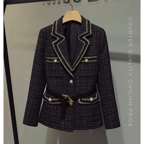 Spring Luxury 2021 New Women Belts Black Tweed Jacket Coat For Ladies Fashion Overcoat