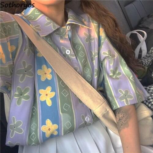 Women Short Sleeve Shirts Sweet Japan Style Retro Tender Temperament Ulzzang All-match Students Blouses Print Flower Fashionable
