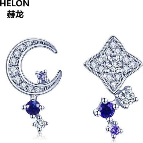 Solid 14k White Gold Natural Diamonds Blue Spphiares Stud Earrings for Women Moon Star Engagement Wedding Fine Jewelry