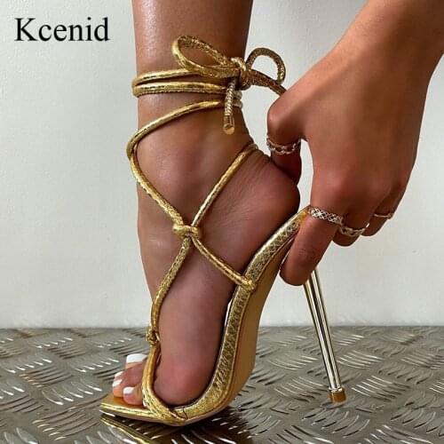 Kcenid 2021 New Summer Woman Shoes Sandals Metal Heel Cross Strap Party Pumps High Heels Lace-Up Ladies Shoes Gold White Black