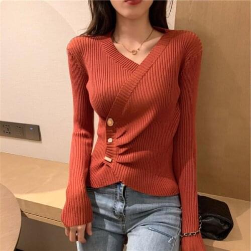 Womens Knitted Pullover Cross V Neck Buttons Long Sleeves Slim Thin Sweater Wholesale 2022 Autumn New Elegant Female Clothes