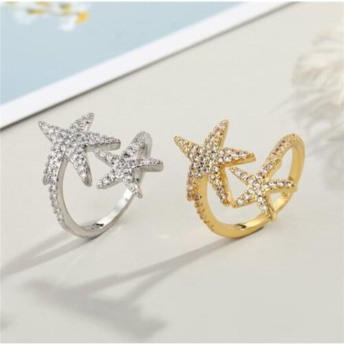 1PC Cute Double Zircon Starfish Star Ring For Women Fashion Shiny Copper Geometric Open Adjustable Finger Ring Jewelry Gifts
