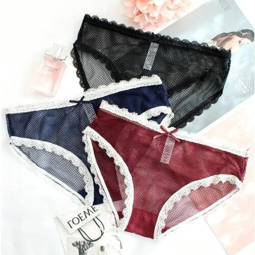 Roseheart Women Blue Red Cotton Lace Bottom Trim Bow Low Waist Panties Underwear Lingerie Briefs 3 Piece 3 Color Underpants