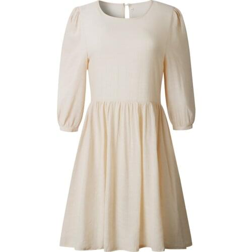 2020 Women Casual Sashes a Line Party Dress Ladies Lantern Sleeve O-ncek Elegant Cotton Linen Dress Fashion Women Midi Dresses