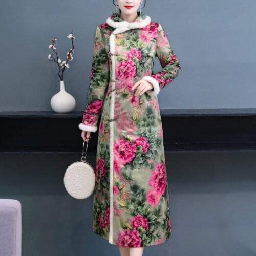 Qipao Winter Dress Quilted 2021 Fashion New Fur Collar Chinese Ethnic Style Womens Thickened Retro Modern Cheongsam Tops y1493