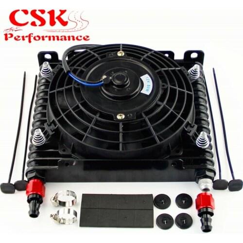 10-AN 32mm Aluminum 15 Row Engine/Transmission Racing Oil Cooler+7" Electric Fan Kit w/ Fittings Black
