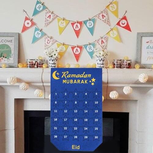 28*50cm Eid Mubarak Calendar Cloth Material Felt Calendario Eid Mubarak Room Home Decoration Gold Star Sticker Wall Decor