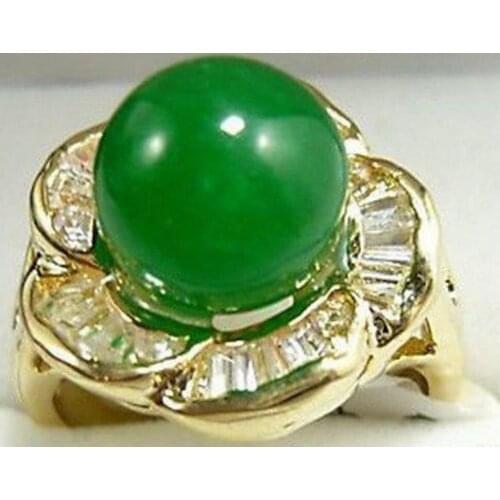 Free shipping Jewelry Rose Flower Carved inlay Zircon Green JADE Rings