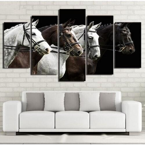Canvas HD Prints Paintings 5 Pieces Black And Brown Horses Poster Modular Wall Art Pictures Framed Home Decor