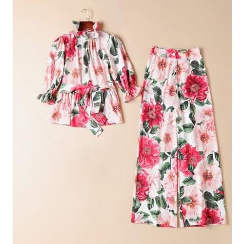 Red High-end camellia fashion print slim blouse and wide-leg trousers suit womens trend spring/summer 2021