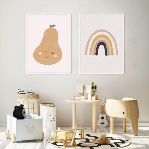 Trendy Boho Style Pear Rainbow Modern Nursery Pictures Canvas Painting Wall Art Posters Prints for Kids Room Home Decoration