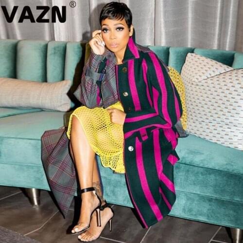 VAZN New chic 2020 spring sexy lady colors striped and plaid patchwork long coats full sleeve singer breasted coats daily coats