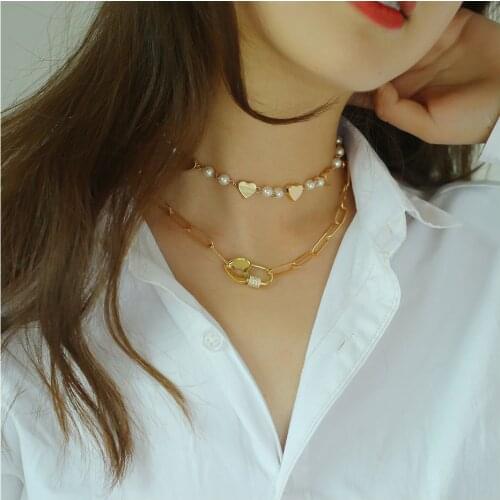 2021 new retro love heart-shaped imitation pearl double necklace womens gold rhinestone pendant necklace jewelry wholesale