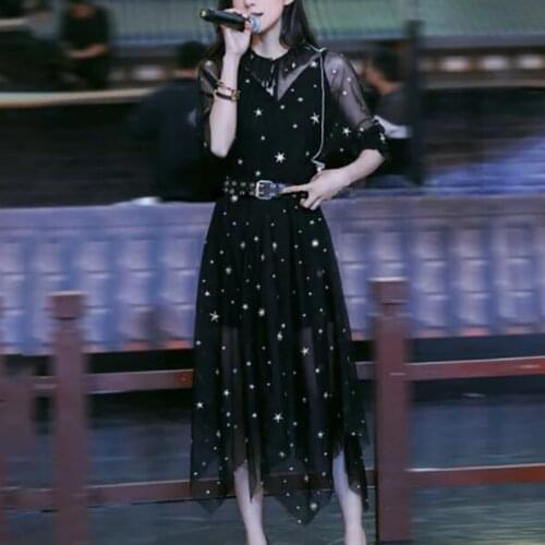 2020 Spring Womens New French Niche V-neck Long Sleeve Was Thin and Waist Slim Waist Thin Embroidered Mesh Irregular Dress