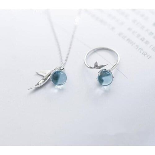 " Fake One Penalty Ten " 45CM Mermaid s925 Sterling Chain Crystal Necklace Ring Jewelry Set