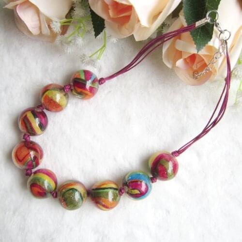 Wonderful Multi Colored Farbic Wrapped Resin Beads Women`s Short Necklace With Nice Wax Cord Knotted