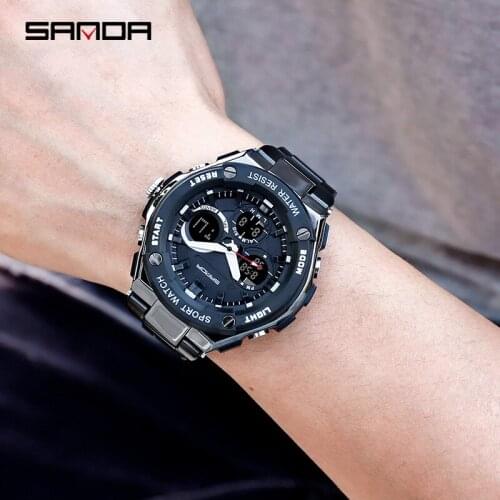 SANDA Cool Analog Digital Display Life Waterproof Men Electronic Watch Outdoor Sports Steel Strap Luminous Function Watches 783