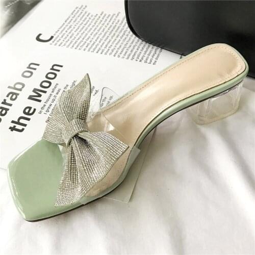 Summer Bow Crystal Genuine Leather Womens Sandals Fashion Casual Female Slippers Transparent Mid Heel Handmade Ladies Shoes New