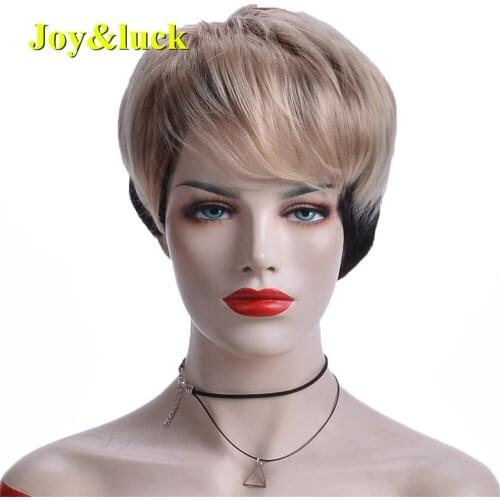 Joy&luck Synthetic Hair Short Ombre Blonde Behind Black Straight Wig With Bangs For White Women Daily Use Beautiful Woman Wig