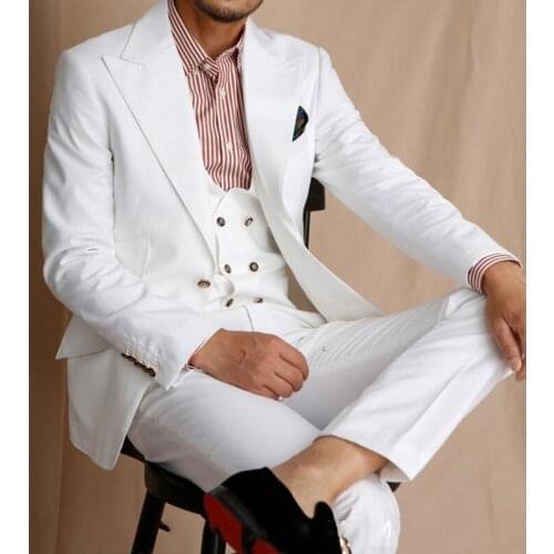 White Groom Tuxedo for Wedding 3 piece Slim fit Men Suits with Peaked Lapel Casual Male Fashion Clothes Set Jacket Vest Pants