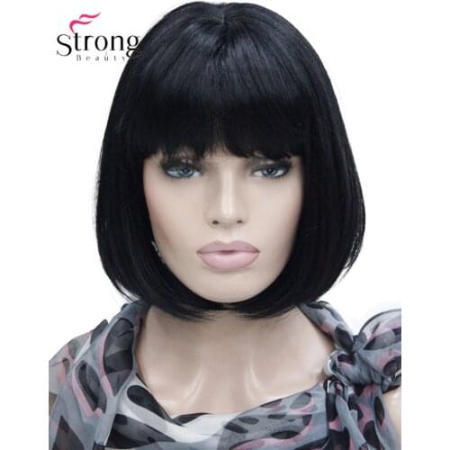 StrongBeauty Short Black Bob Skin Top with Bangs Full Synthetic Wig COLOUR CHOICES