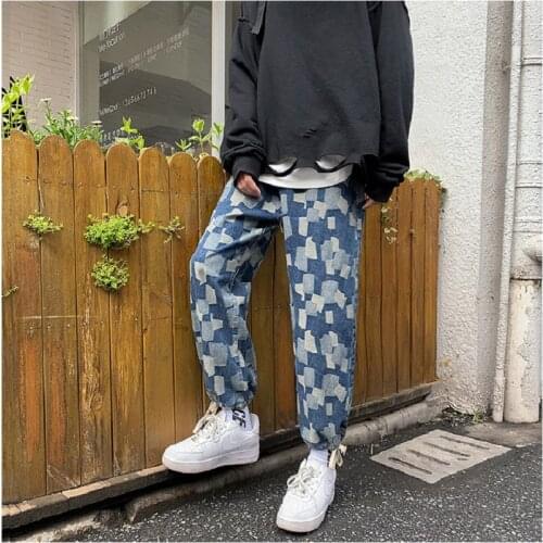 High Street Contrasting Color Checkered Casual Pants Mens Straight Loose Street Hip Hop Drawstring Drawstring Wide Leg Cropped