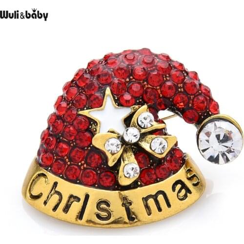 Wuli&baby Vintage Rhinestone Christmas Hat Brooches For Women Red Cap New Year Brooch Pin Gifts