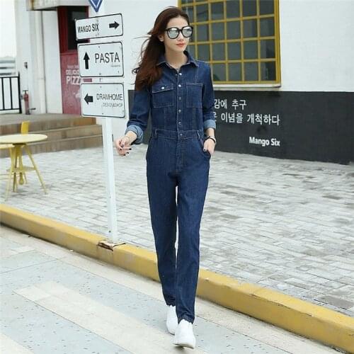 2021 New Womens casual loose jumpsuits Pockets denim cargo pants Vintage overalls Elastic waist blue jeans Simplicity